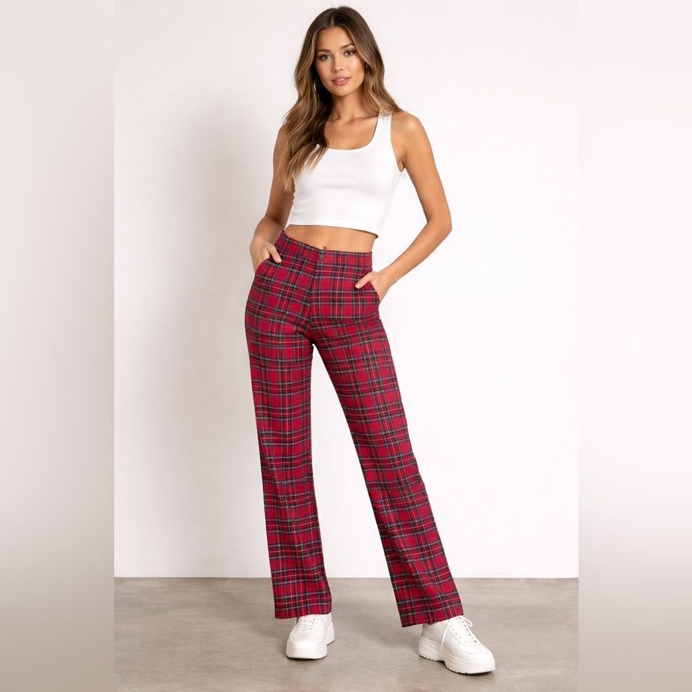 John Galt Women's Red Tartan Plaid Straight Leg Pants - One Size (Small)
